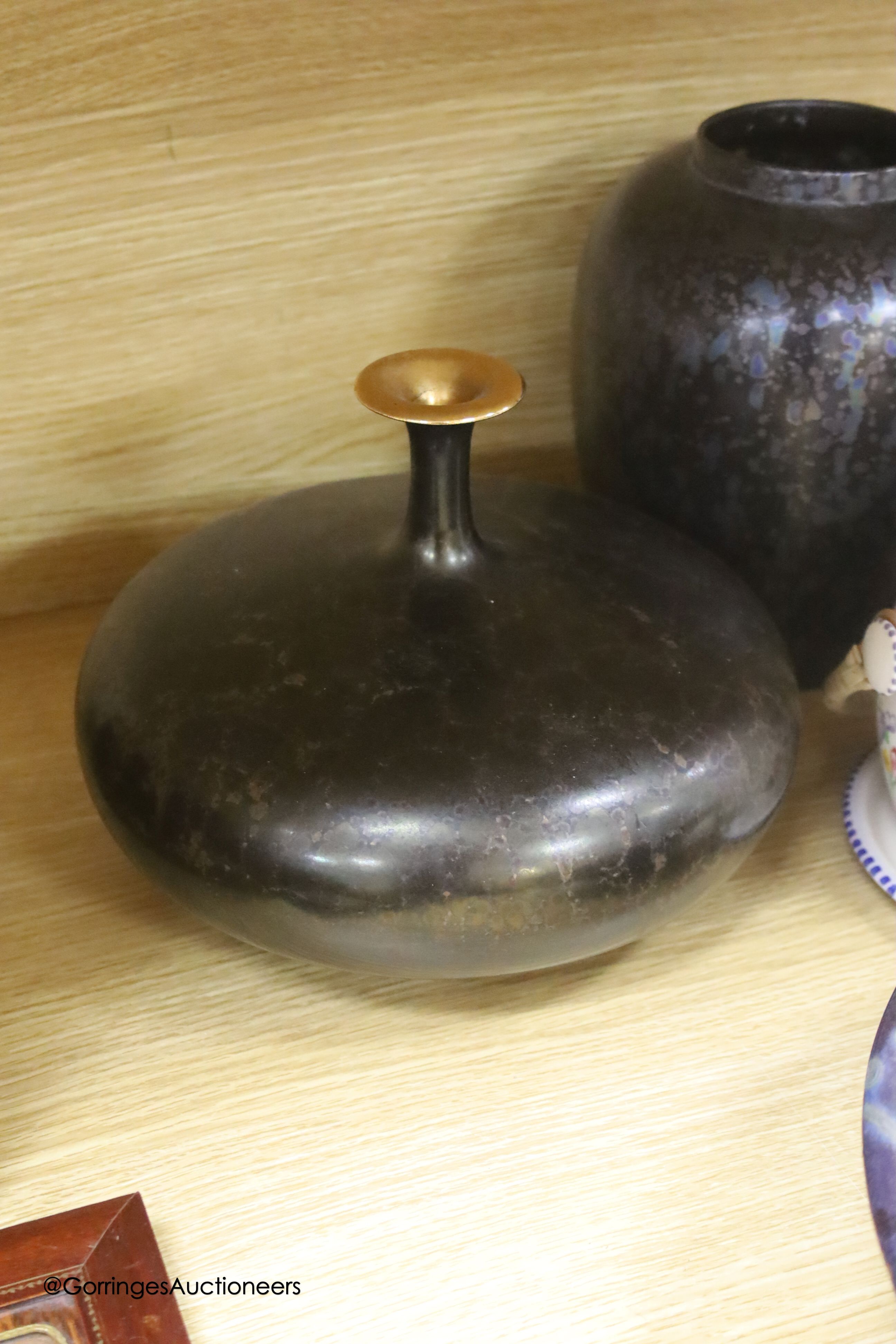 A Jane Woodford lustre pottery bowl and various mixed pottery, largest diameter 35cm